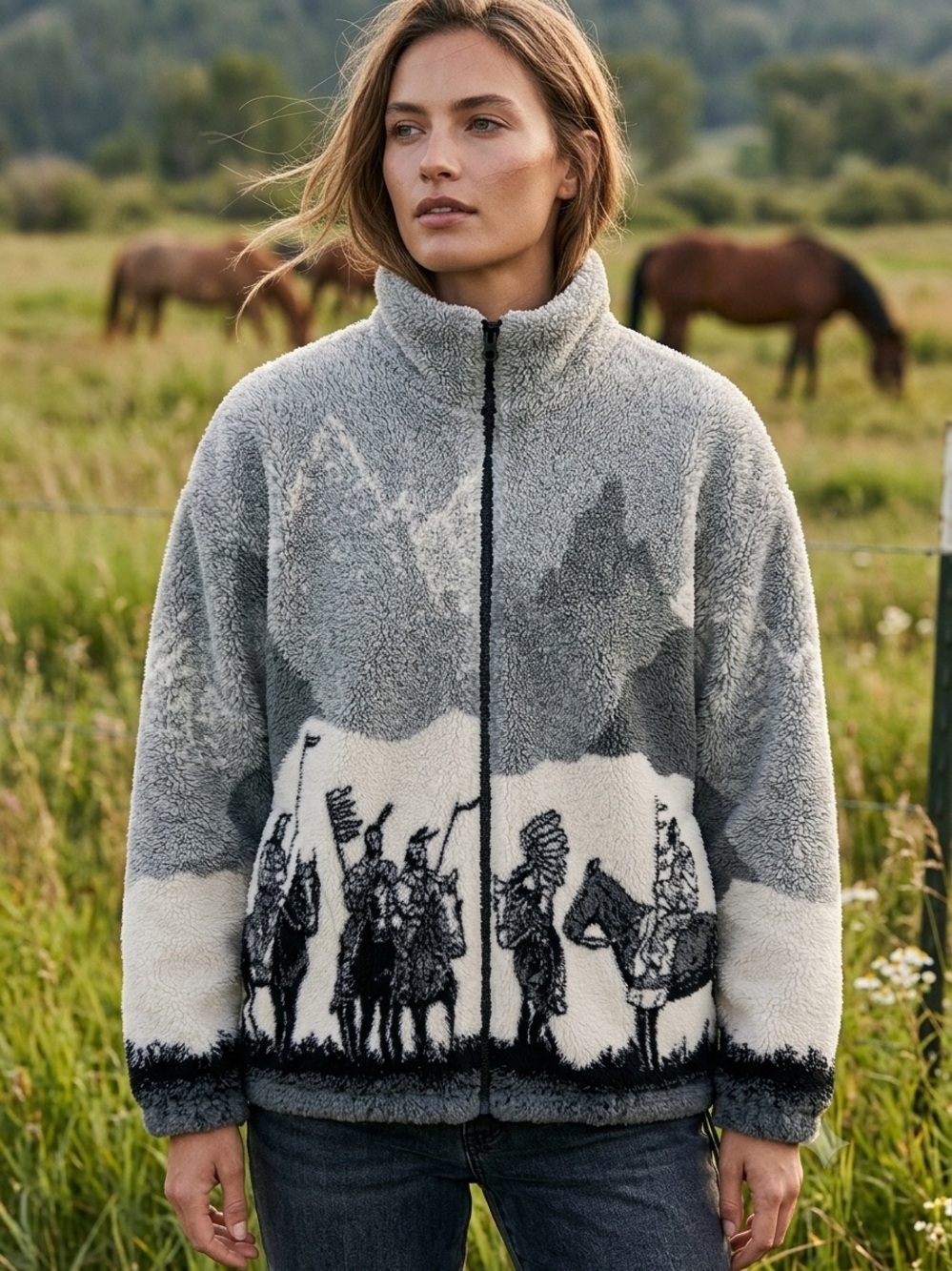 Vintage Bear Ridge AOP fleece zip up  Western Native American Indigenous print